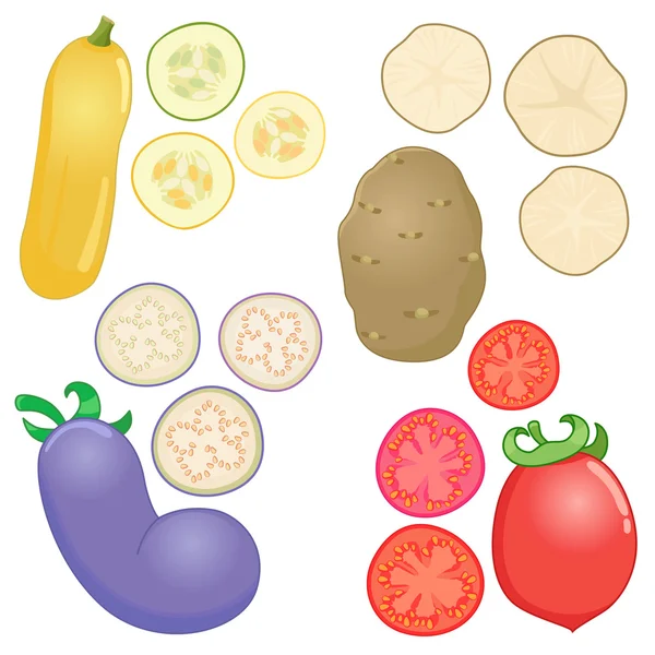 Vegetables whole and sliced into pieces — Stock Vector