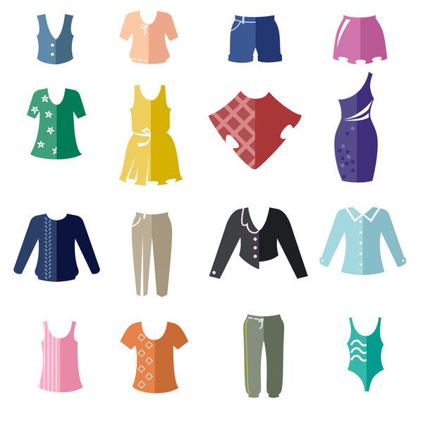 Different types of women's clothing as bicolor flat icons