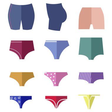 Different types of women's pants and shorts as bicolor flat icons clipart