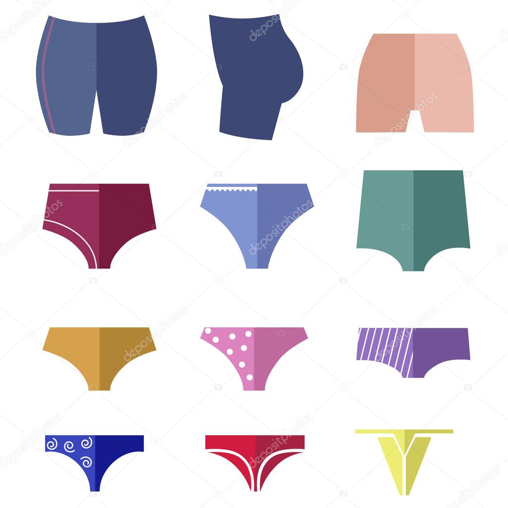Different types of women's pants and shorts as bicolor flat icons