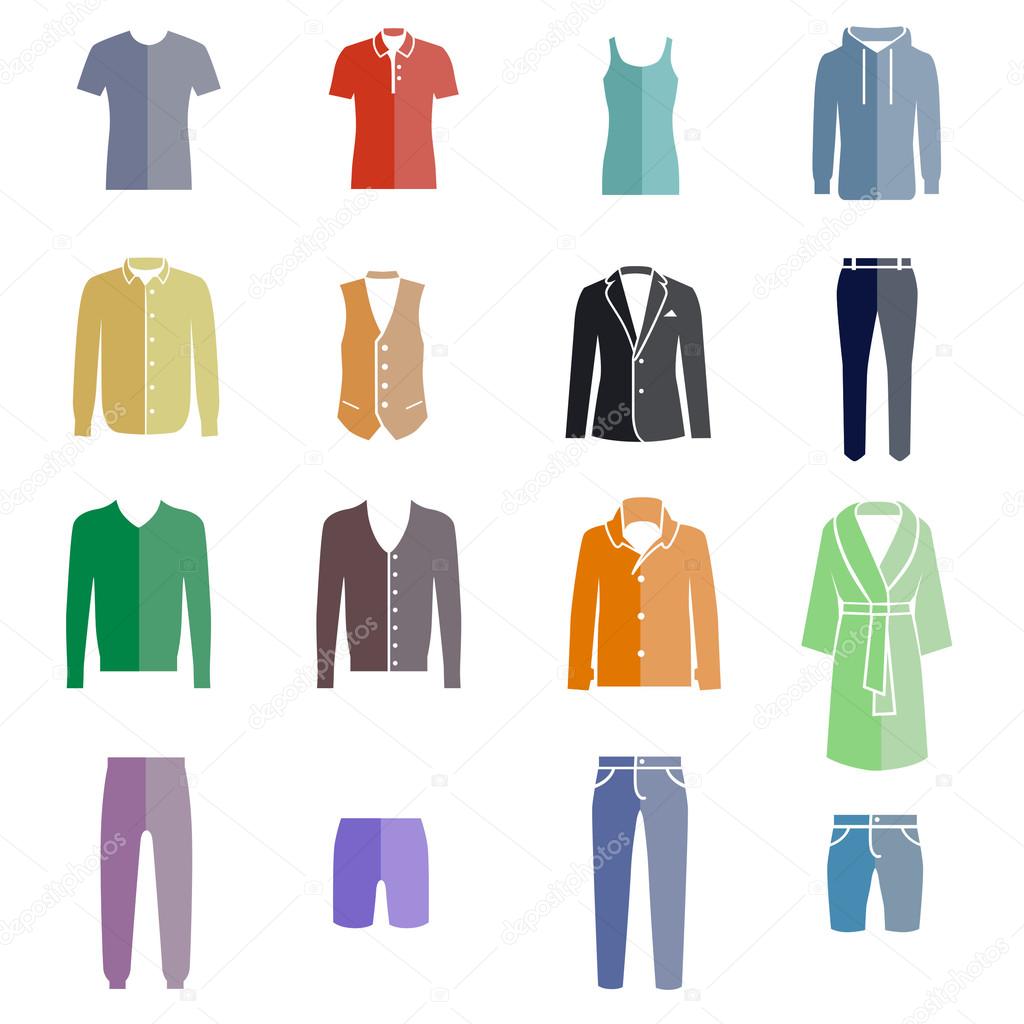 Different types of men's clothes as color icons