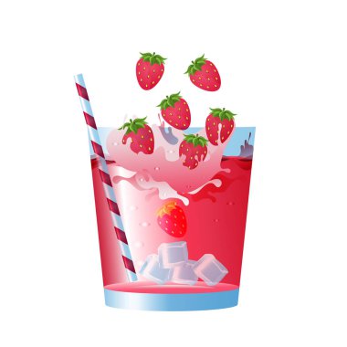 Vector illustration of strawberry juice. Fresh strawberries in a glass. Strawberry juice with a straw. Fresh juice...