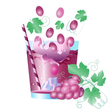 Vector illustration of grape juice. Fresh grapes in a glass. Grape juice with a straw. Fresh juice. Bunch of grapes..