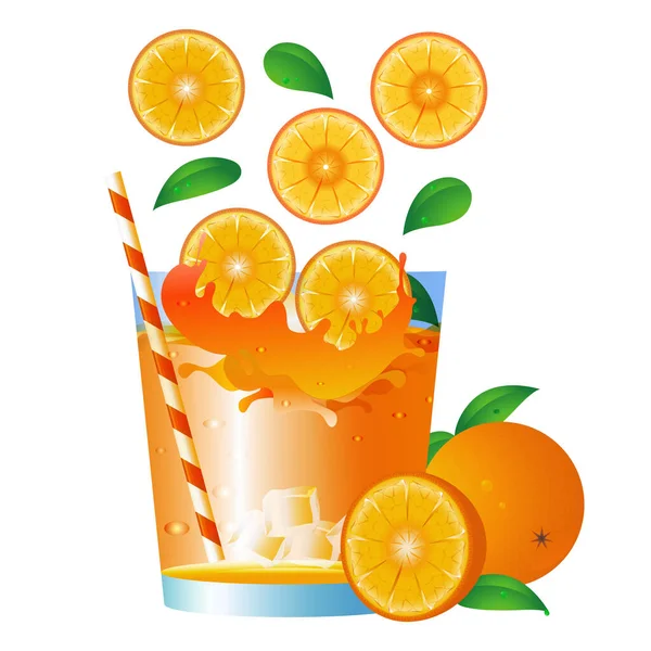 Vector illustration of orange juice. Fresh orange slices in a glass. Orange juice with a straw. Fresh juice...