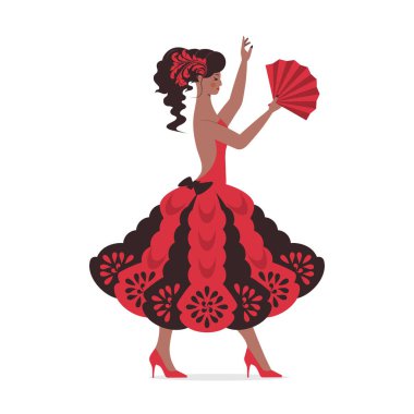 İspanyol bir dansçının dansı. Modern balo salonu ve etnik danslar. Stüdyoda, sahnede ya da dans salonunda dans eden bir dansçı. Hayranı olan İspanyol bir kız. Vektör illüstrasyonu.