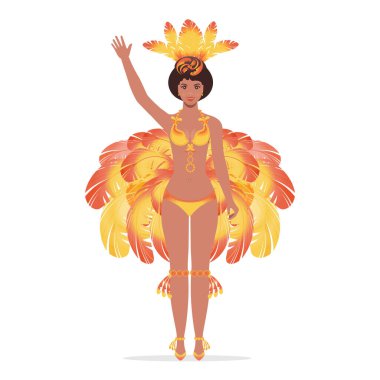 Karnavalda dans eden Brezilyalı samba dansçısı. Modern balo salonu ve etnik danslar. Hareket halindeki bir dansçı, stüdyoda, sahnede ya da dans salonunda. Vektör illüstrasyonu..