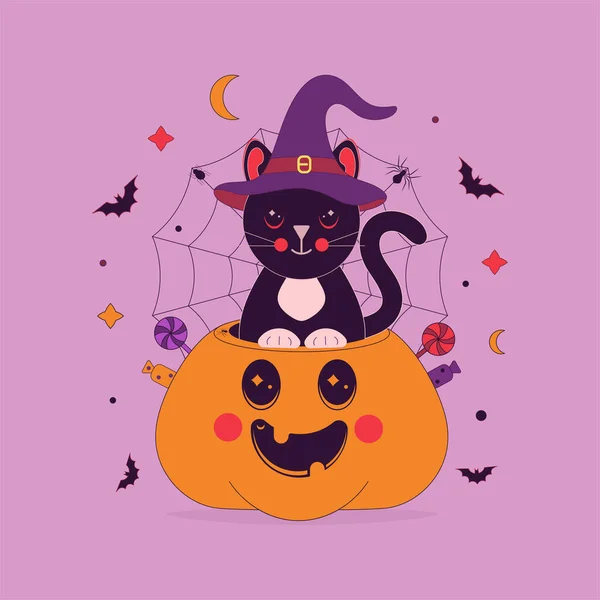 Šťastný Halloween Halloween Přáníčko Černou Kočkou Čarodějnickém Klobouku Dýňové Lucerně — Stockový vektor