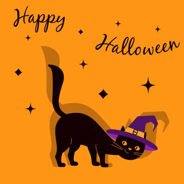 Mutlu Cadılar Bayramı. Cadılar Bayramı için tebrik kartı. Yıldızların ve kendi gölgesinin arkasında sivri uçlu bir cadı şapkası içindeki kara kedi. Vektör illüstrasyonu.