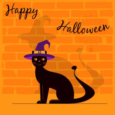 Mutlu Cadılar Bayramı. Cadılar Bayramı için tebrik kartı. Yıldızların ve kendi gölgesinin arkasında sivri uçlu bir cadı şapkası içindeki kara kedi. Vektör illüstrasyonu..