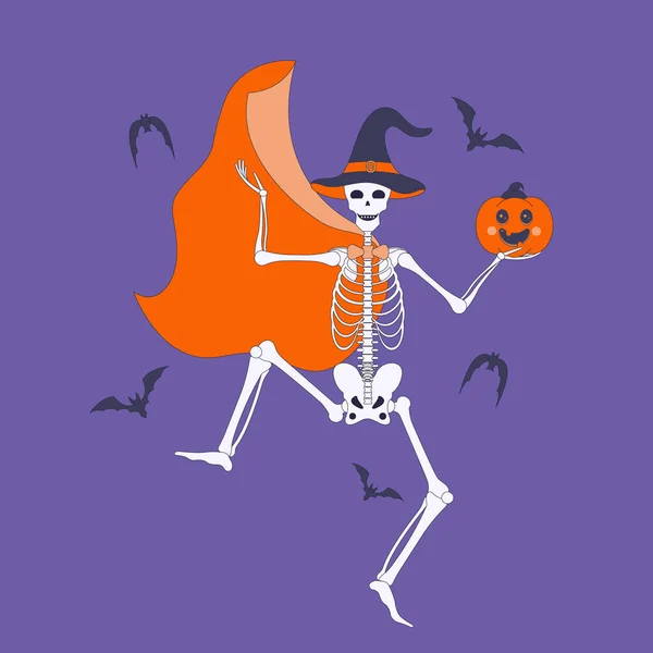 Frohes Halloween Grußkarte Halloween Tanzendes Skelett Hut Und Umhang Mit — Stockvektor