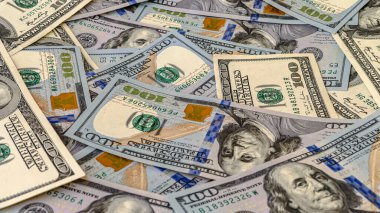 Background of US Currency banknotes Financial concept Money background Hundred dollar bills Top view Close up