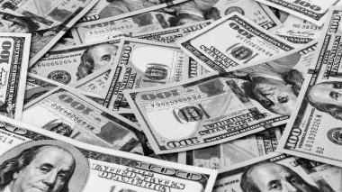 Black and white Background of US Currency banknotes Financial concept Money background Hundred dollar bills Top view Close up