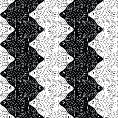 siyah ve wight geometrik balıklar yüzer bir zikzak çizgi ile Seamless Modeli
