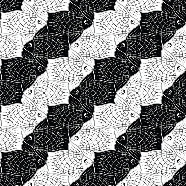 Naadloze patroon met zwarte en wight geometrische vissen — Stockvector