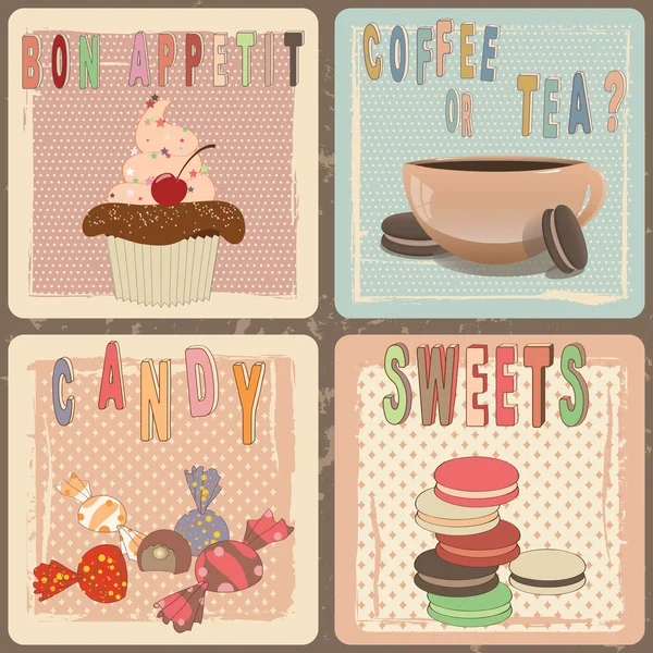Sammlung von 4 Etiketten für Süßigkeiten, Backwaren, Gebäck, Kaffee, Tee — Stockvektor