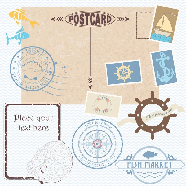 Καρτ ποστάλ με ταξίδια εικονίδια και γραμματόσημα — Διανυσματικό Αρχείο