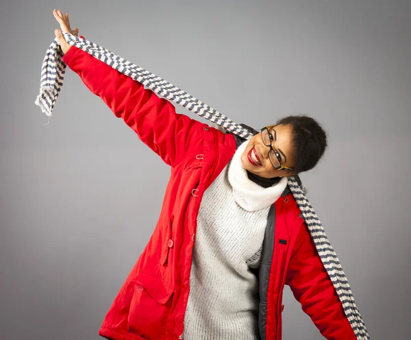 With Red Parka and Striped Scarf — Stock Photo, Image