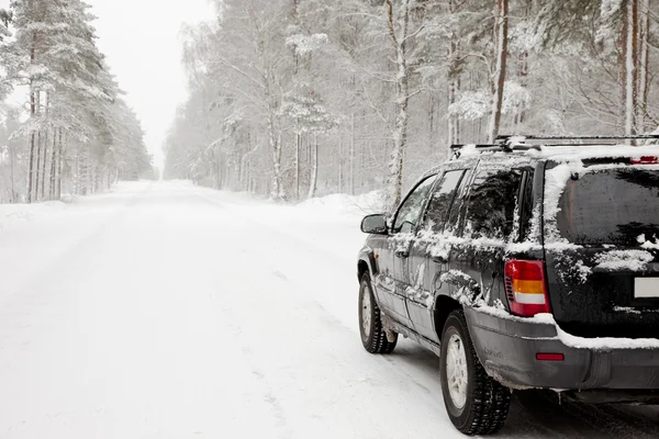Bil på en snöig skogsväg — Stockfoto
