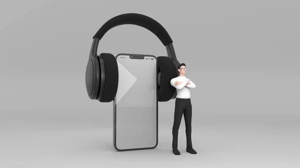 Киносцена Мобильным Социальным Приложением Человеком Слушающим Наушники Макет Планшета — стоковое фото