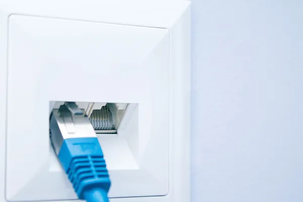 LAN-kabel ansluten till vägguttaget — Stockfoto