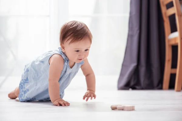 Küçük Bebek Parlak Oturma Odasında Oyuncağına Doğru Sürünüyor Stok Resim