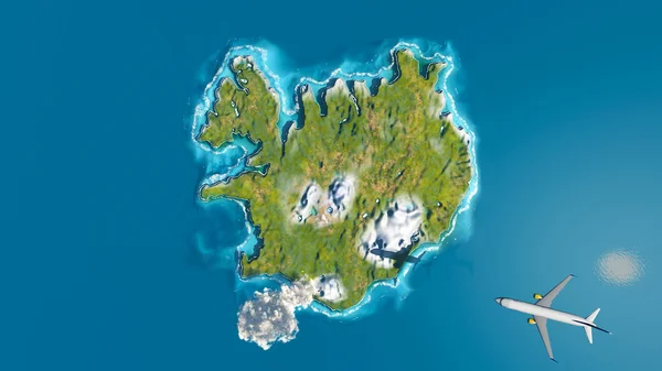 Island och vulkan med plan — Stockfoto