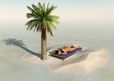 Island with palm trees and a girl in bikini on deck chair