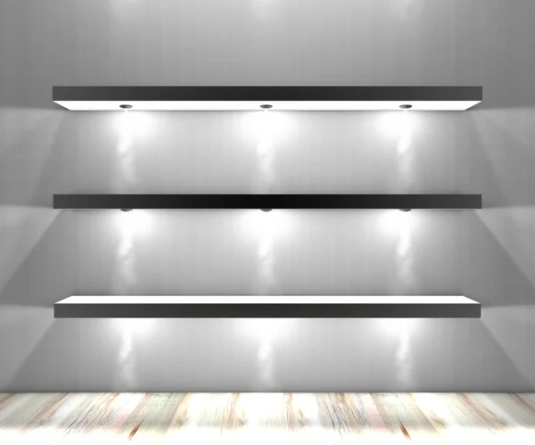 Vita hyllor med lampor upplyst spotlights — Stockfoto