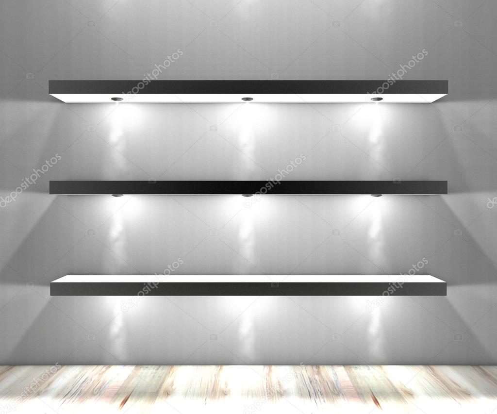 White shelves with lights illuminated spotlights