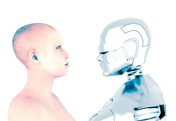 数字世界和模拟世界 人类女性和机器人女性 人类的未来 物种的进化 女人和机器人相貌相视 侧视图 3D渲染 — 图库照片