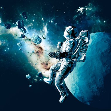 Astronot uzayda yüzüyor. Yeni dünyalar ve keşfedilmemiş galaksiler. Göktaşları ve gezegenler. Issız kaya kütleleri. Bilim kurgu. Yeni dünyaların keşfi. 3d oluşturma