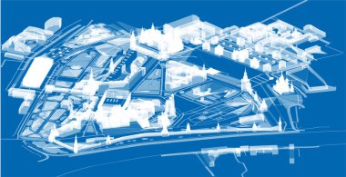 Moskova 'nın merkezinin dörtte üçü, Kremlin. Pleksus, hologram ve harita efekti. Sokaklar, saraylar ve kiliseler, San Basilio. Kızıl Meydan ve Sakız. - Rusya. 3d oluşturma