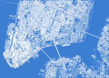 New York haritasının uydu görüntüsü, Manhattan ve Brooklyn 'in binaları ve caddeleri, 3D binalar. New York. Pleksus, hologram ve harita efekti... 3 boyutlu görüntüleme. Mavi baskı