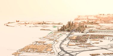 Dubai 'nin uydu haritası, Birleşik Arap Emirlikleri, şehir sokakları. Saraylar, binalar. 3D görüntüleme. Palm Adaları. Palm Jumeirah. Sokak haritası ve şehir merkezi haritası.