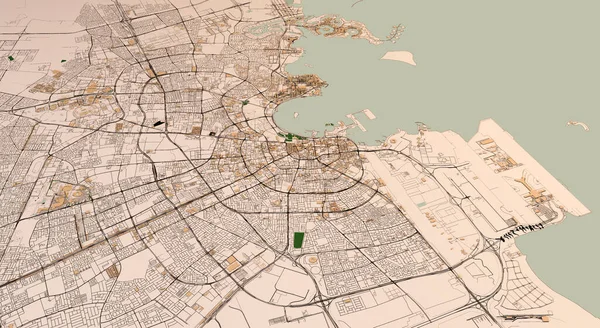 Вид Спутника Доха Катар Карта Столицы Улицы Государственные Здания Рендеринг — стоковое фото