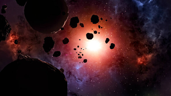Asteroid and debris in the space. Asteroid rings around a planet. Big star in the background. 3d render. 