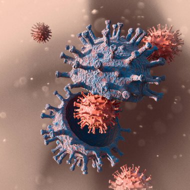 Virüs varyantı, koronavirüs, dikenli protein. Deltacron, Omicron. Covid-19 mikroskop altında görüldü. SARS-CoV-2, 3D görüntüleme