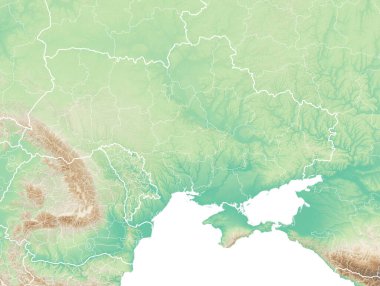 Avrupa 'nın, Ukrayna' nın ve sınırların fiziksel haritası. Rusya ve Belarus, Kırım ve Karadeniz. Ukrayna sınırları ve vilayetleri, harita. Sınırlarda askeri manevralar yapılıyor..