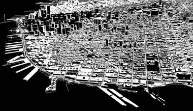 San Francisco 'nun uydu görüntüsü, evi ve binası olan şehrin haritası. Siluet, siyah ve beyaz. Gökdelenler. Usa. 3d oluşturma