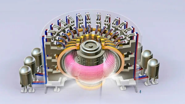 核聚变反应堆 由于原子的聚变而产生的能量 为太阳提供动力的过程 Iter是第一个涉及等离子体生产的实验反应堆 3D节 — 图库照片