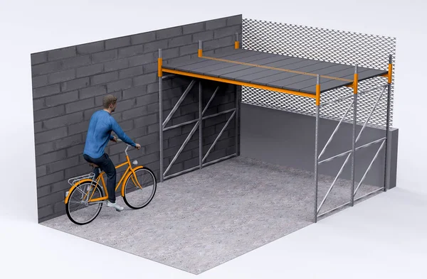 金属货架的车库 存储对象的尺寸优化 金属架悬挂在汽车上方 那个骑自行车进车库的男孩 3D渲染 — 图库照片