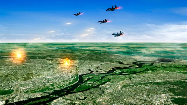 俄罗斯战斗机飞越乌克兰首都基辅上空 击中敏感目标 俄罗斯对乌克兰领土的战争和入侵 3D渲染 此图像的元素由美国国家航空航天局提供 — 图库照片