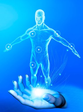 Yaşamın yaratılışı, yapay zeka. İnsan anatomisi ve tüm hayati fonksiyonların kontrolü. Avucunun içindeki adam. Yeni teknolojiler ve hayatın geleceği. 3d oluşturma
