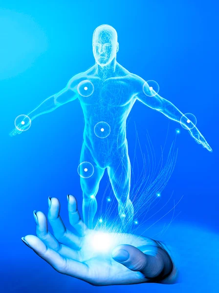 生命の創造 人工知能 すべての重要な機能の人間の解剖学と制御 手の手のひらに男 新しい技術と人生の未来 3Dレンダリング — ストック写真