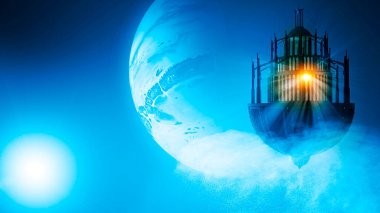 Bilim kurgu yapıları, diğer dünyalar, yüzen mimari figürler. Dış gezegenler ve diğer galaksiler. Uzaylı dünyaları ve yıldızları. Dünya dışı medeniyetler, yeni yaşam alanları. 3d oluşturma