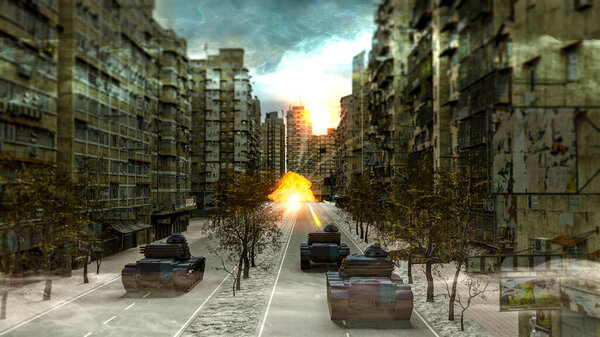 War scene, tanks and air strikes, missiles and cannon shots. Advance of Russian troops on Ukrainian territory. City of Ukraine besieged by Russian military forces. 3d rendering