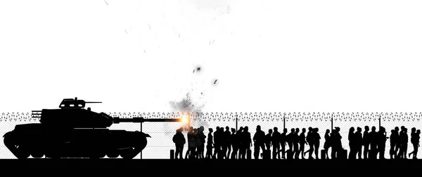 Silhouetten Von Flüchtlingen Die Aus Ihrer Nation Fliehen Panzer Krieg — Stockfoto