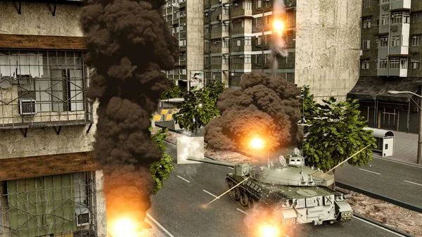 Krigsscen Stridsvagnar Och Flyganfall Missiler Och Kanonskott Främjande Ryska Trupper — Stockfoto