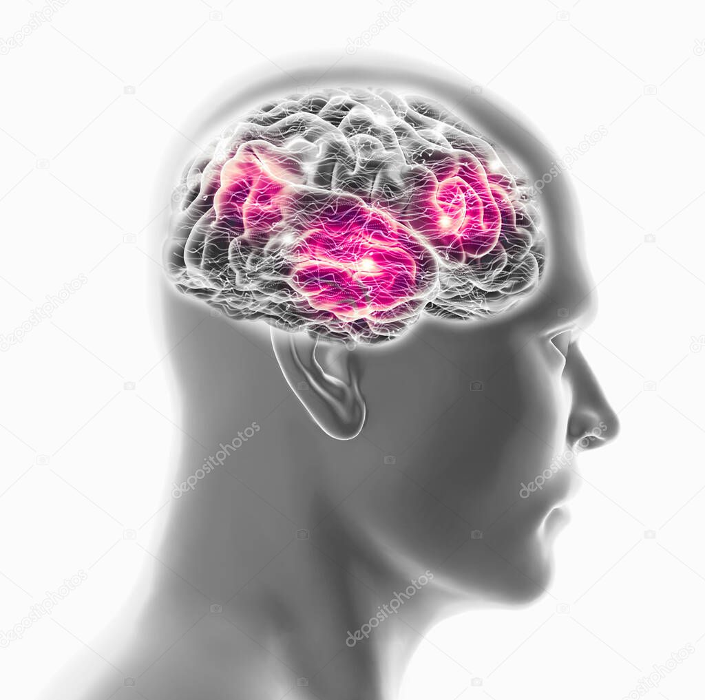 Human brain and man face, side view. X-rays. Degenerative disease, synapses and neurons, brain functioning. Stroke and cognitive problems. Parkinson and Alzheimer. 3d rendering