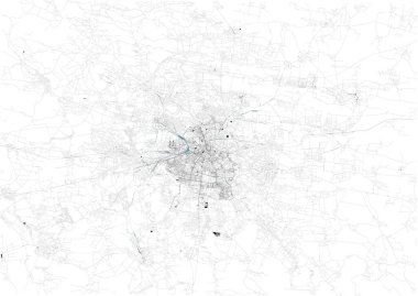 Lviv Haritası, Ukrayna. Binalar ve şehir merkezi. Hava görüntüsü. Yollar ve iletişim yolları. Şehre giriş noktaları. Siyah beyaz, uydu görüntüsü. Tren rayları
